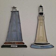 Pair Of Vintage Renaissance Stained Glass Suncatchers Lighthouse Ocean Coastal