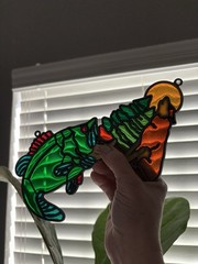 2 Vintage Leaded Stained Glass Sun Catchers Wolf Bass Fish Wilderness Forest