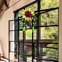 Stained Glass Suncatcher Sunflower Ladybug Window Decor, 20 x 8 Inches