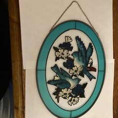 Suncatcher Hand Painted Blue Birds And Flowers Oval Boarder 9×6.5’’