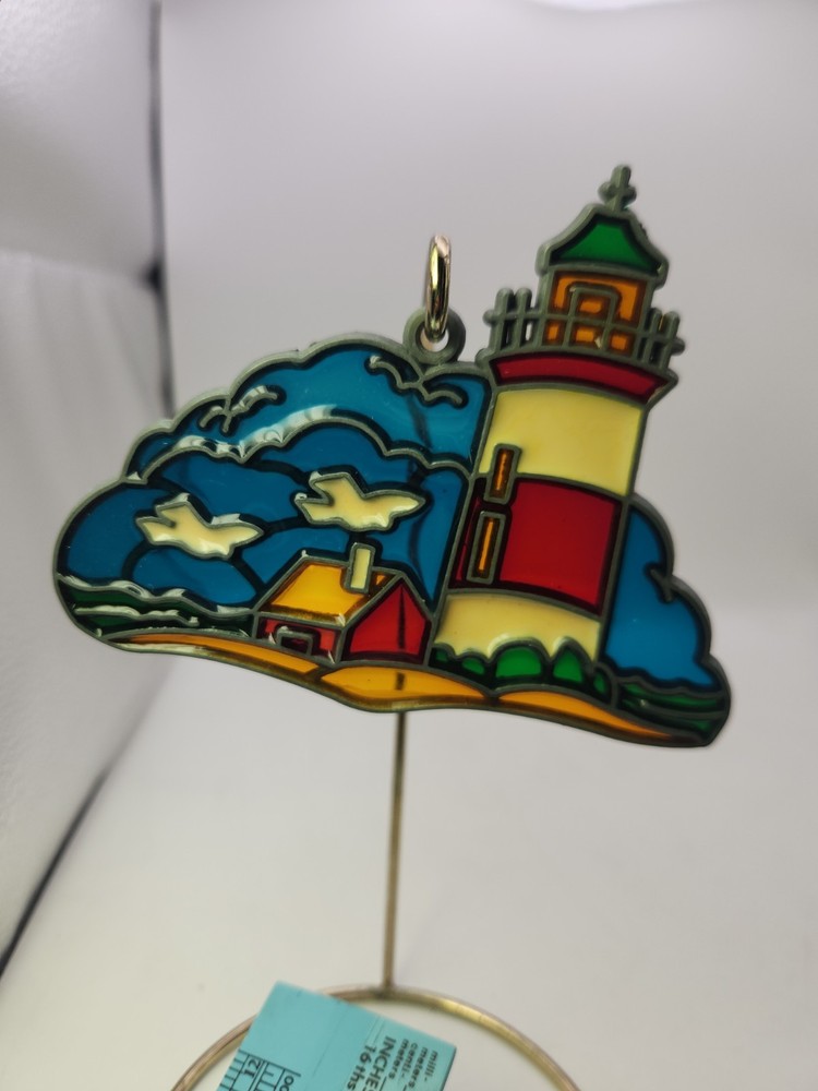Vintage Stained Glass Sun Catcher Lighthouses Ocean Sea Window Art Beach Scene