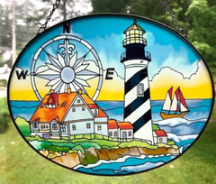 NEW Lighthouse Suncatcher Stained Glass style Ocean decor + Free Maine Keychain 
