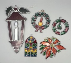 Vintage Christmas Holiday Suncatcher Lot of 5 Stained Glass Metal Plastic