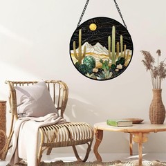 Stained Glass Window Hanging, Black and White Golden Cactus Nature Suncatcher…