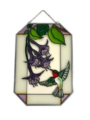 Painted Glass Suncatcher Hummingbird Floral Rectangle 10” T x 7”W Sunroom Window