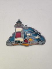 Vintage Stained Glass Sun Catcher Lighthouses Ocean Sea Window Art Beach Scene