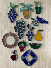 Lot of 12 Vtg Stained Glass Sun Catchers – Birds Fruit Etc.