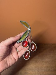 Vintage Stained Glass Cherry Stem Fruit Handmade Suncatcher Ornament Decor