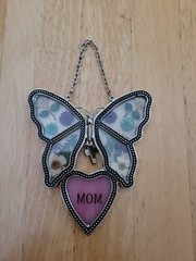 Mom Butterfly Suncatcher with Pressed Flower Wings and a heart MOM