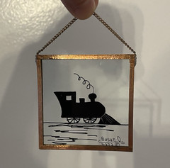 Small Window Shadow Art Glass Ornament Gold Framed Train Steam Engine Signed