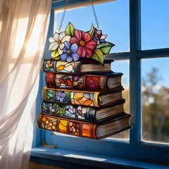 Book Lover Acrylic SuncatcheBookr Stacked Books with Flowers Window Hanging Gift