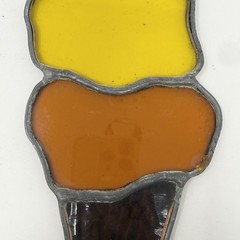 Vintage Stained Glass Sun Catcher Ice Cream Scoop Cone Large Orange Yellow Brown
