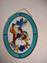 VTG Suncatcher Art Glass Bird Flowers & Mailbox Korea Rim 87 JBD 7” x 5 5/16″