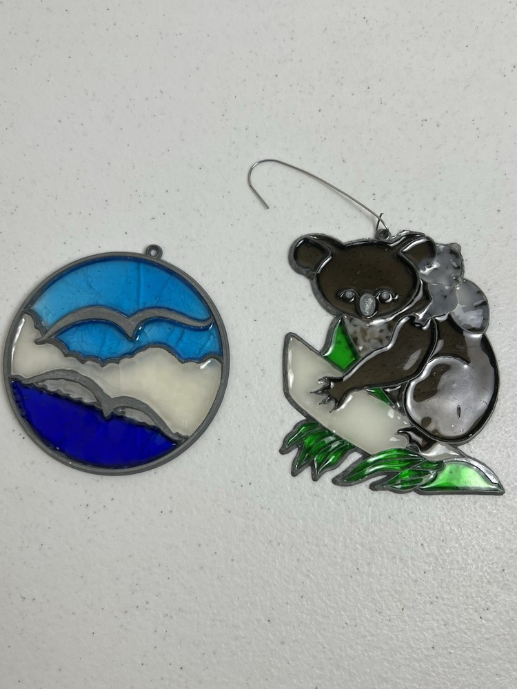 Lot of 2 Vintage Stained Glass Koala & Seagull Ocean READ Craft Needs TLC