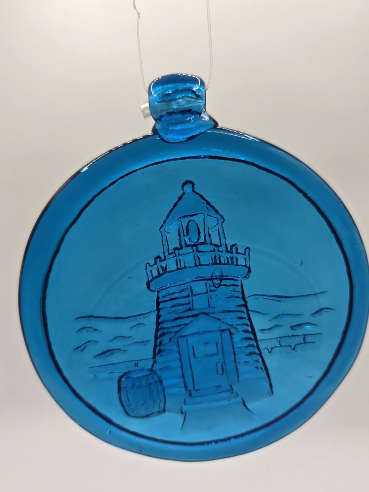 Mystic Seaport Blue Glass Lighthouse Suncatcher Kitras Art Glass Ontario 4.5”