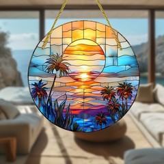 Tropical Beach Sunset Palm Tree Ocean Wave Round Acrylic Suncatcher Summer Decor
