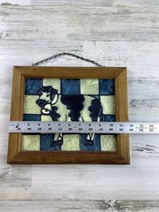Vintage Milk Cow Stained Glass Mosaic Suncatcher Glass Dark Brown Wood Frame