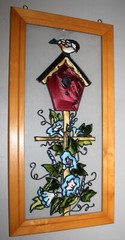 WOOD PAINTED GLASS BIRDHOUSE FLORAL BIRD PICTURE 11.5 X 22.5″ WINDOW SUNCATCHER