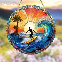 Sunset Surfer Big Wave Palm Dolphin Round Acrylic Suncatcher Beach Window Decor