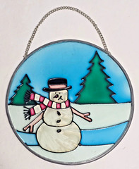 Vintage Stained Glass Window Light Sun Catcher Snowman Holiday 5″