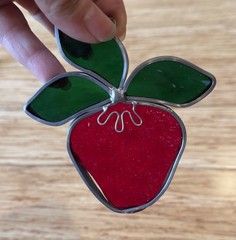 Vintage Stained Glass SunCatcher Window Lead Metal Strawberry Fruit Red 4.5”