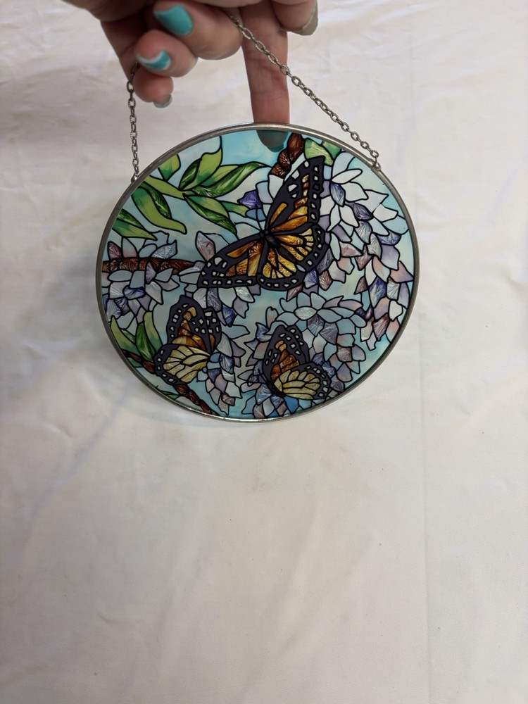 Joan Baker Stained Glass Circle Suncatcher Floral Garden Monarch Butterfly 6 3/4