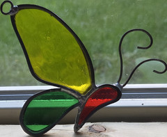 Pair Of Vintage Handmade Stained Glass Suncatchers Green Yellow Red 4 x 3 in