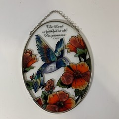 Joan Baker Oval Stained Glass Suncatcher Hummingbird Flowers Psalm 145:13 Lord