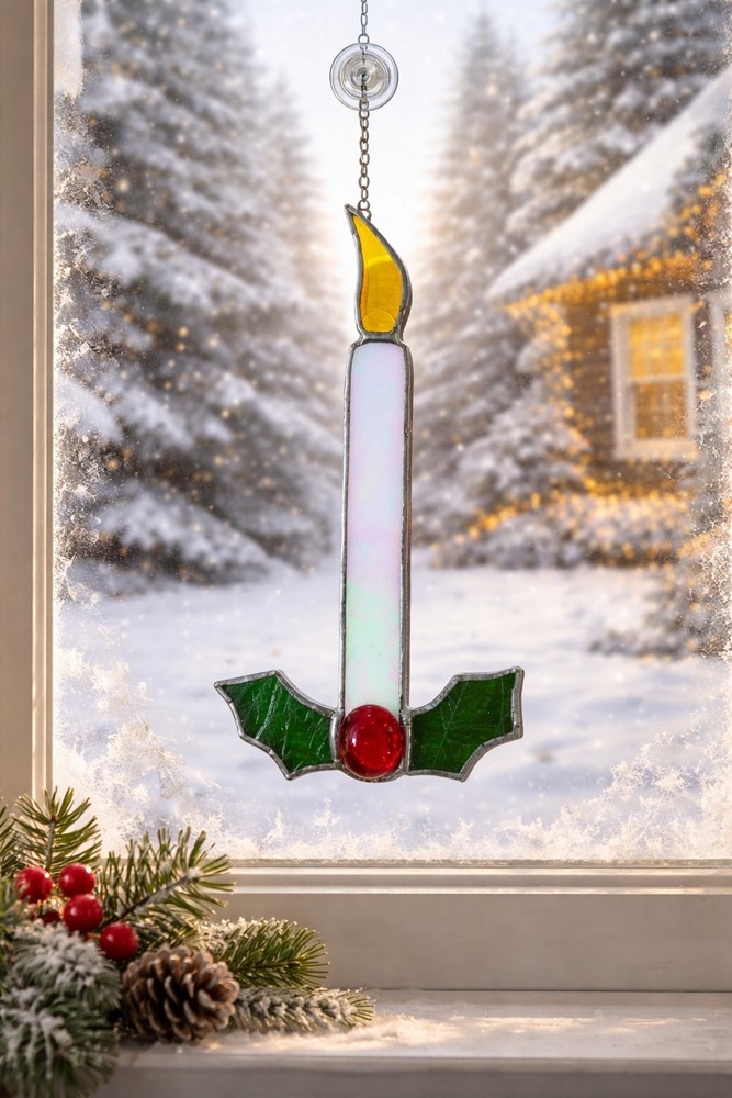 Vintage Handmade Stained Glass Candle Christmas Ornament Sun Catcher