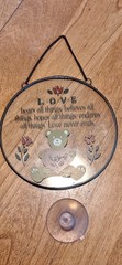 VTG Teddy Bear Holding a Heart Stained Glass “Love Never Ends” 5X5 Suncatcher