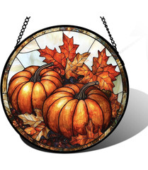 Stained Glass Window Hanging, Pumpkin Maple Leaf Suncatcher Size 9.8×9.8 IN