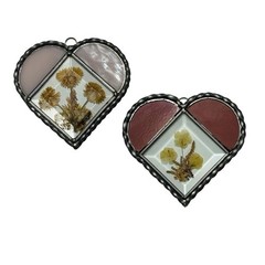Lasting Impressions Pressed Flower Heart Shaped Sun Catcher Pewter & Glass x2