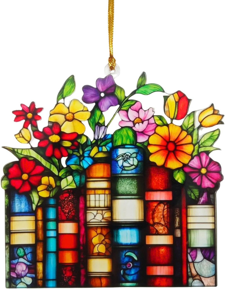 Lover Gifts for Women Acrylic Faux Stained Glass Window Hanging, Floral Bookish