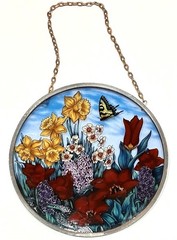 VTG Round Stained Glass Suncatcher Spring Flowers Signed Maryrose Wampler 1984