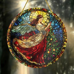 Christmas Angel Decorating Xmas Tree Round Acrylic Suncatcher Holiday Window