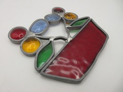 Vtg 4″ Artisan Stained Glass Floral Sun Catcher Flowers in Red Pot Art Hand Made