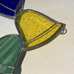 suncatcher Handmade Christmas ornament stained glass bells, and bow. 7 1/2 “