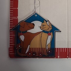 Dog & Cat House with Red Flowers Suncatcher Plastic Brown Blue Tan