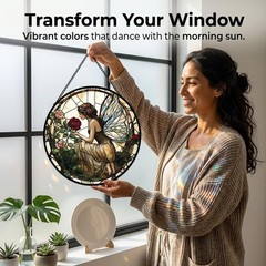 Butterfly Flower Fairy Faux Stained Glass Sun Catcher – Home Decor Gift for Wome