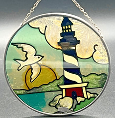 1994 JBD Stained Glass Round Suncatcher Lighthouse Seagull Ocean Sun Decor