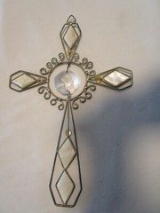 VTG Handcrafted Suncatcher Cross Metal & Glass Art Mother of pearl Window 10” T
