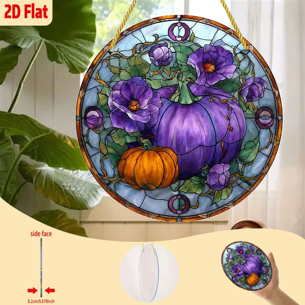 Vintage Pumpkin Purple Floral Acrylic Suncatcher Fall Thanksgiving Window Decor