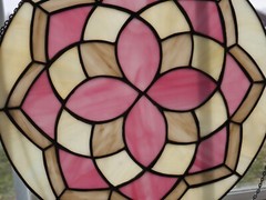 13″ Round Stained Glass Handmade Circular Panel in Pink White Gray Design