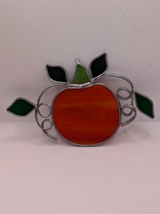 Vtg Handcrafted Stained And Slag Glass Pumpkin Vines Suncatcher Hanging