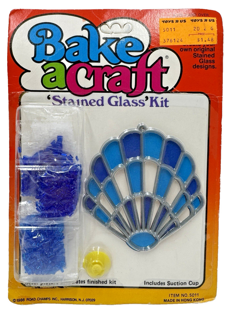 NOS Vintage 1986 BAKE-A-CRAFT ‘Stained Glass’ Kit 5011 Blue Seashell Suncatcher