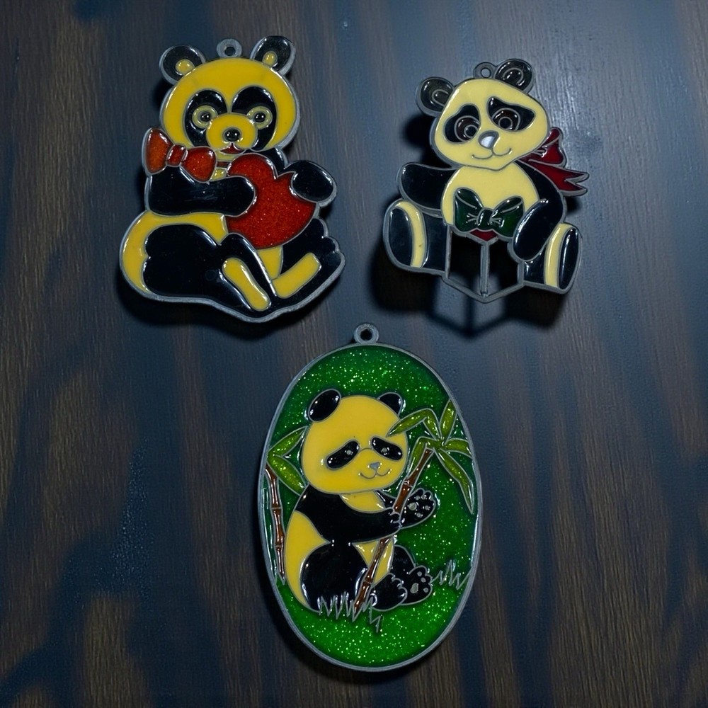 Lot Of 3 VTG Panda Bear Sun Catcher Stain Glass Black And White Window Hanging