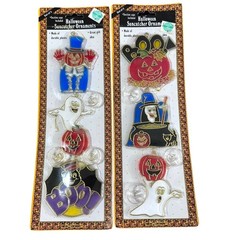 Vintage 2 Sets of 3 NOS Halloween/Fall/Autumn Pumpkin Suncatchers w/Suction Cups
