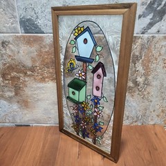 Painted Glass Bird Houses Suncatcher Wall Hanging Decor Window Hanger