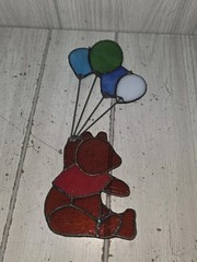 Vintage Stained Glass SUNCATCHER Teddy Bear With Balloons 10″ Window Decor