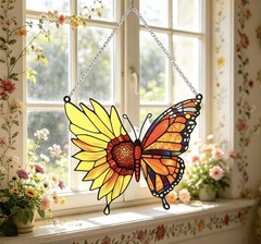 Stained Glass Window Hanging 7 * 9Inch Butterfly Flowers Sun Catcher Decor Ha…